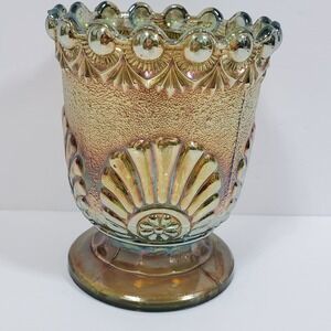 VTG Westmoreland Shell & Jewel Green Carnival Glass Footed Sugar/Candy Bowl